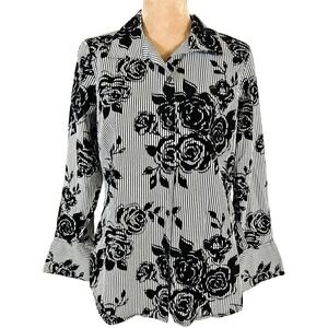 FOXCROFT Womens 8 Shaped Fit Top White Black Striped Velvet Floral Office Career